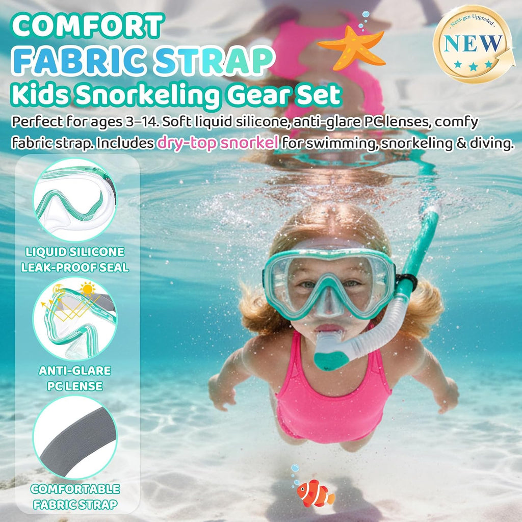 Snorkel Set for Kids 3-14, Dry Top Snorkeling Gear for Boys Girls Youth, Panoramic View Swim Goggles with Nose Cover