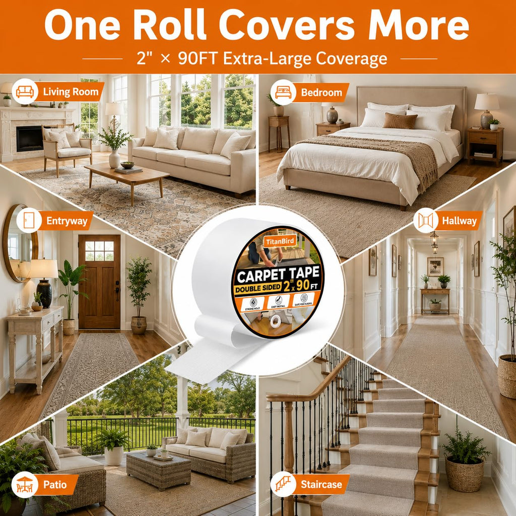 Double Sided Carpet Tape, 2" x 90 ft Rug Tape for Floors & Rugs