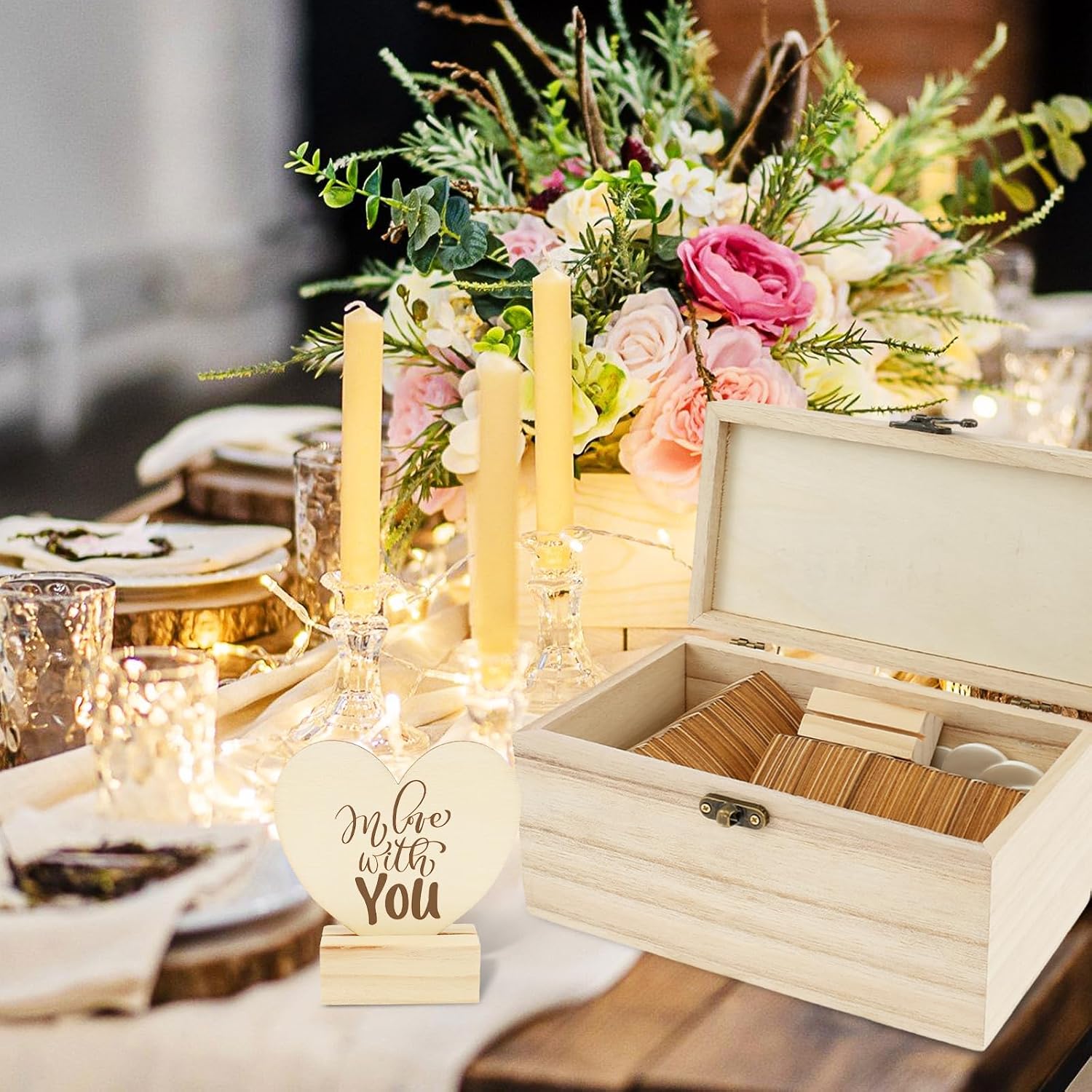 Wedding Guest Book Alternative Set with 100 Wooden Hearts Heart Sign Stand and 4 Adhesive Wedding Guest Book