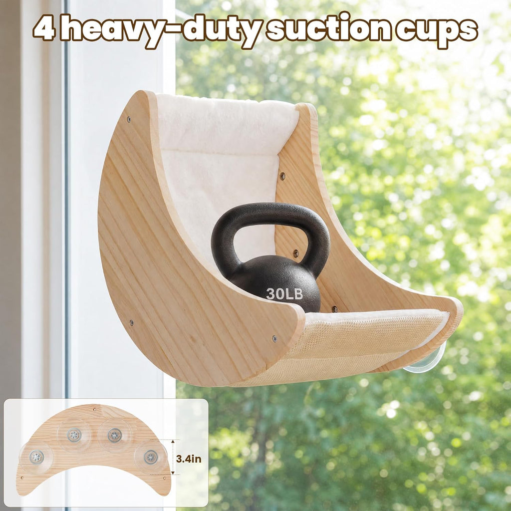 Cat Window Perch & Hammock, Heavy Duty Solid Wood Window Cat Bed with Soft Liner, Suction Cup Moon Seat for Inside