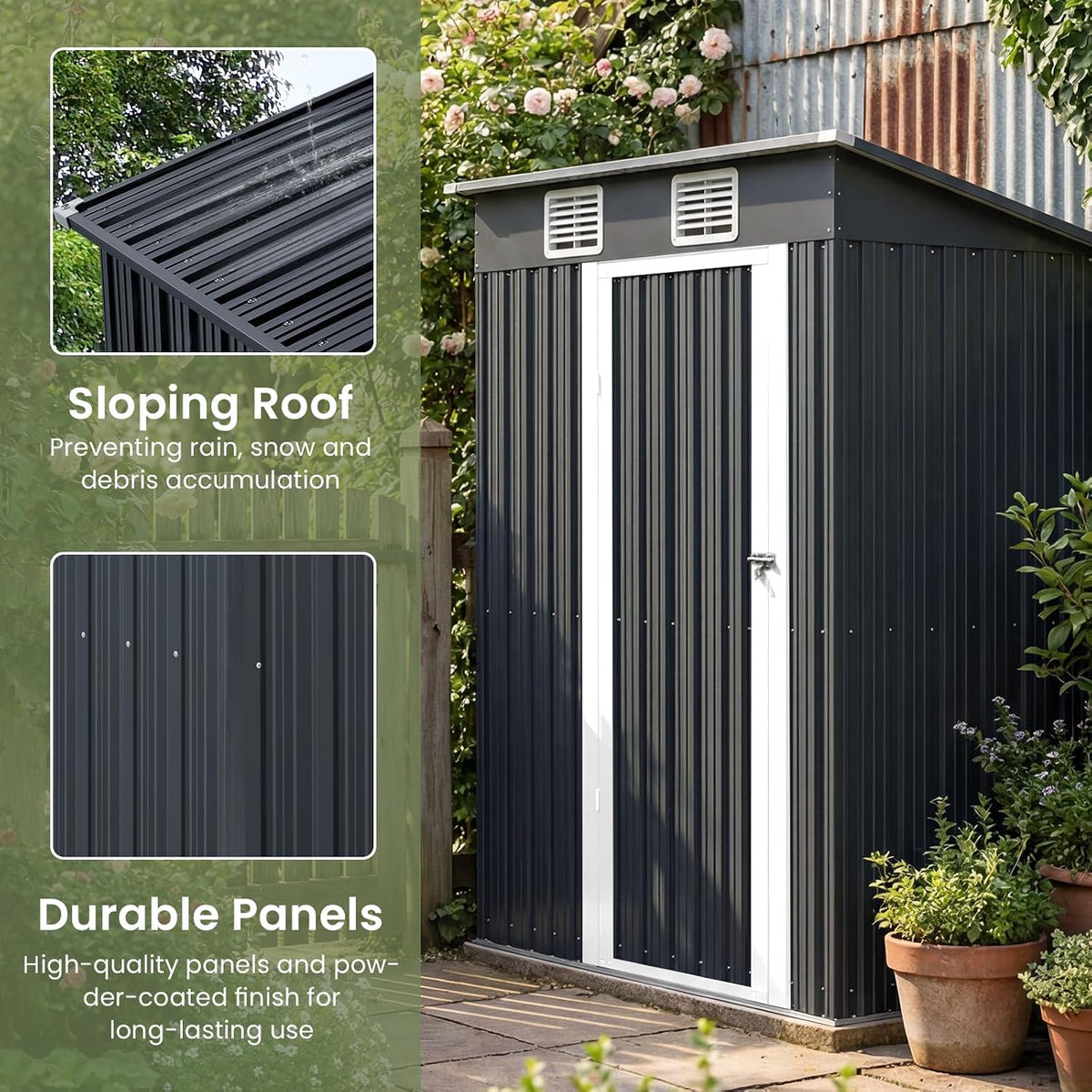 5×3 FT Metal Outdoor Storage Shed, Lockable Galvanized Steel Tool Shed | Single Lockable Door, Two Air Vent,Metal