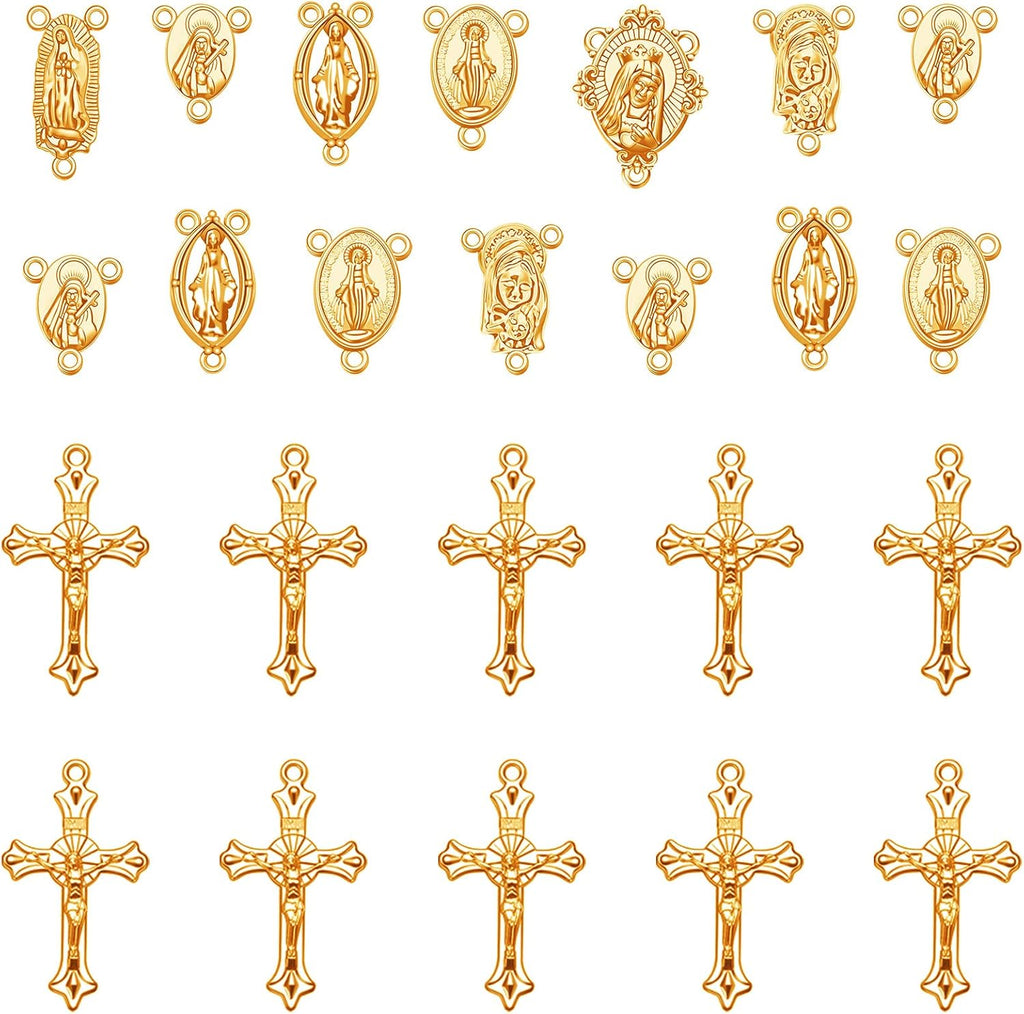 60Pcs/30Sets Rosary Making Kits Supplies Religion Cross and Center Medal Charms Jesus Crucifix Oval Alloy Pendant for