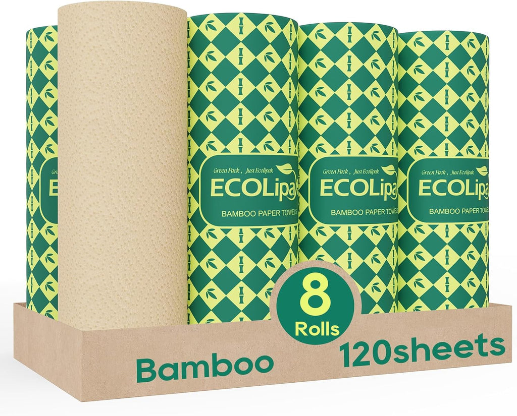 Bamboo Paper Towels, 8 Rolls, 2 Ply 120 Sheets, Nature