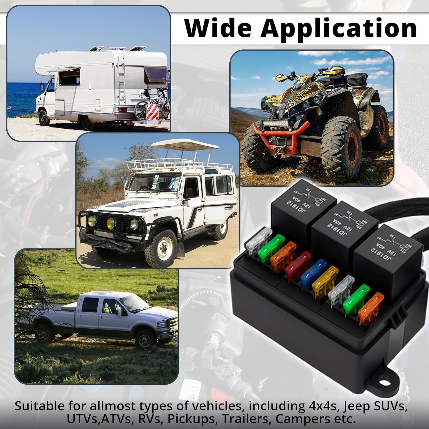 12V 9Way Pre-Wired Fuse and Relay Box Kit with 3 x 40A 4-Pin Relays & 9 ATC/ATO Fuses for Car, Truck, Vehicle