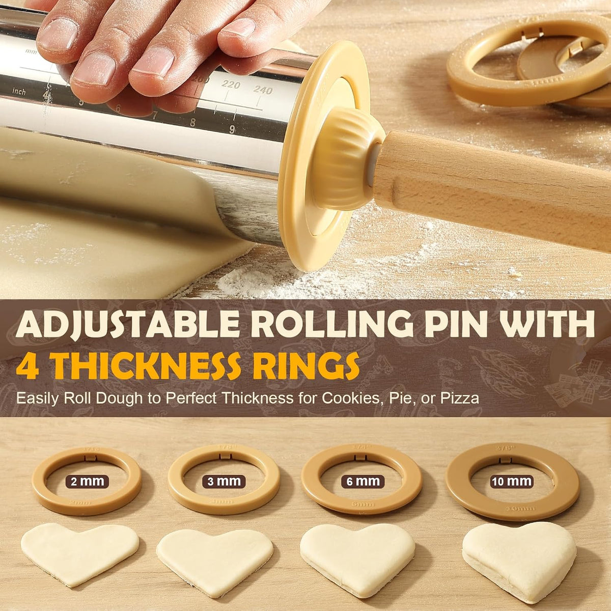 304 Stainless Steel Adjustable Rolling Pin with Thickness Rings