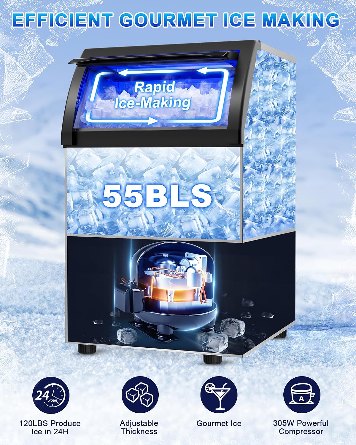 Commercial Gourmet Ice Maker, 120Lbs/24H Spray Ice Machine
