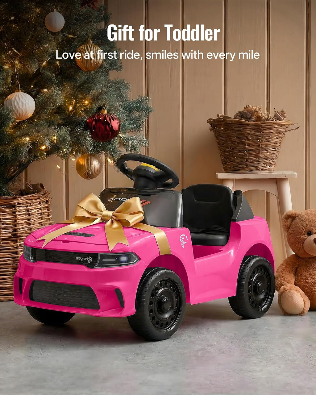 Licensed Dodge Electric Ride on Car for Kids, Ride on Toy for Toddler Aged 1-3 w/Music & Horn - Rose Pink