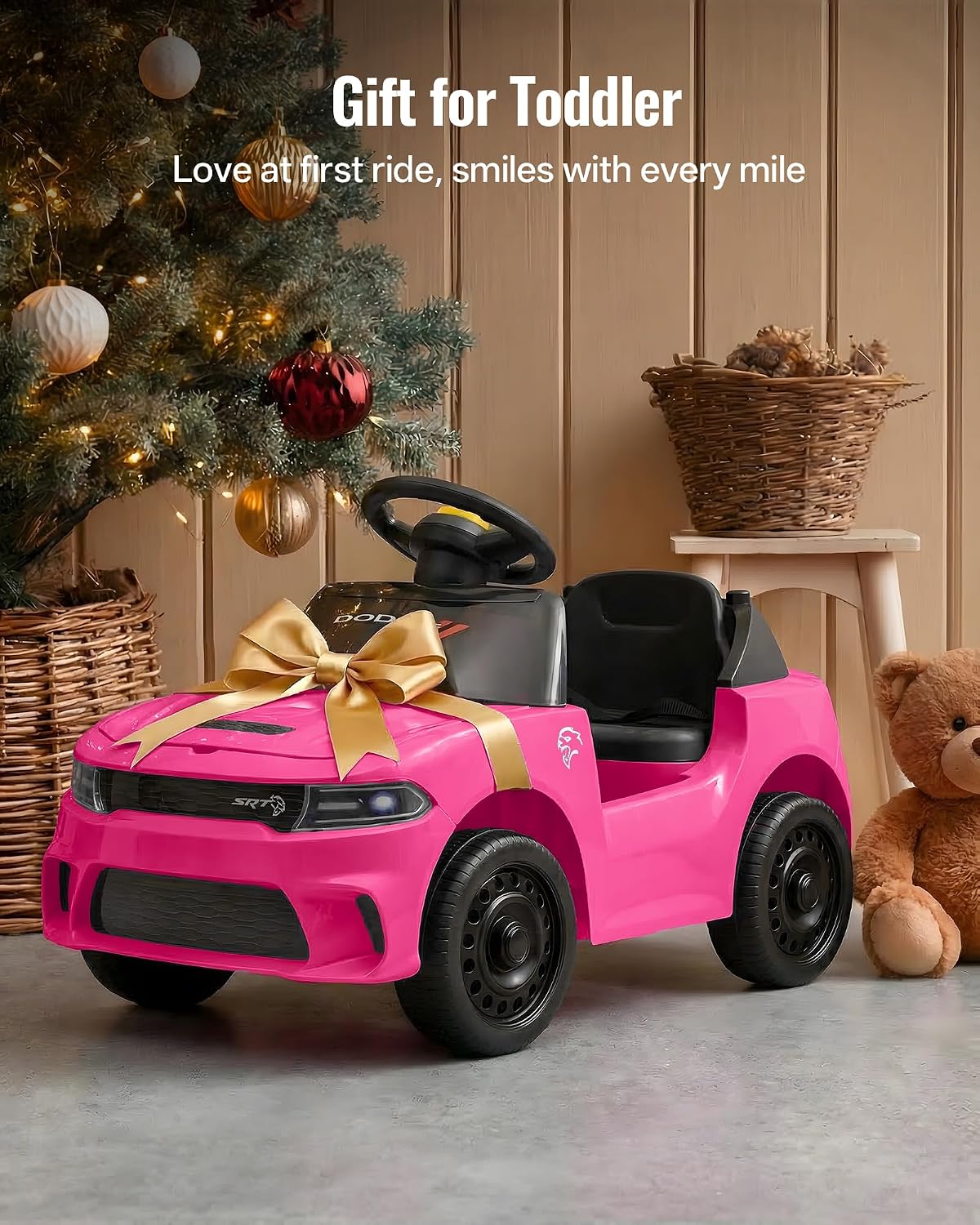 Licensed Dodge Electric Ride on Car for Kids, Ride on Toy for Toddler Aged 1-3 w/Music & Horn - Rose Pink