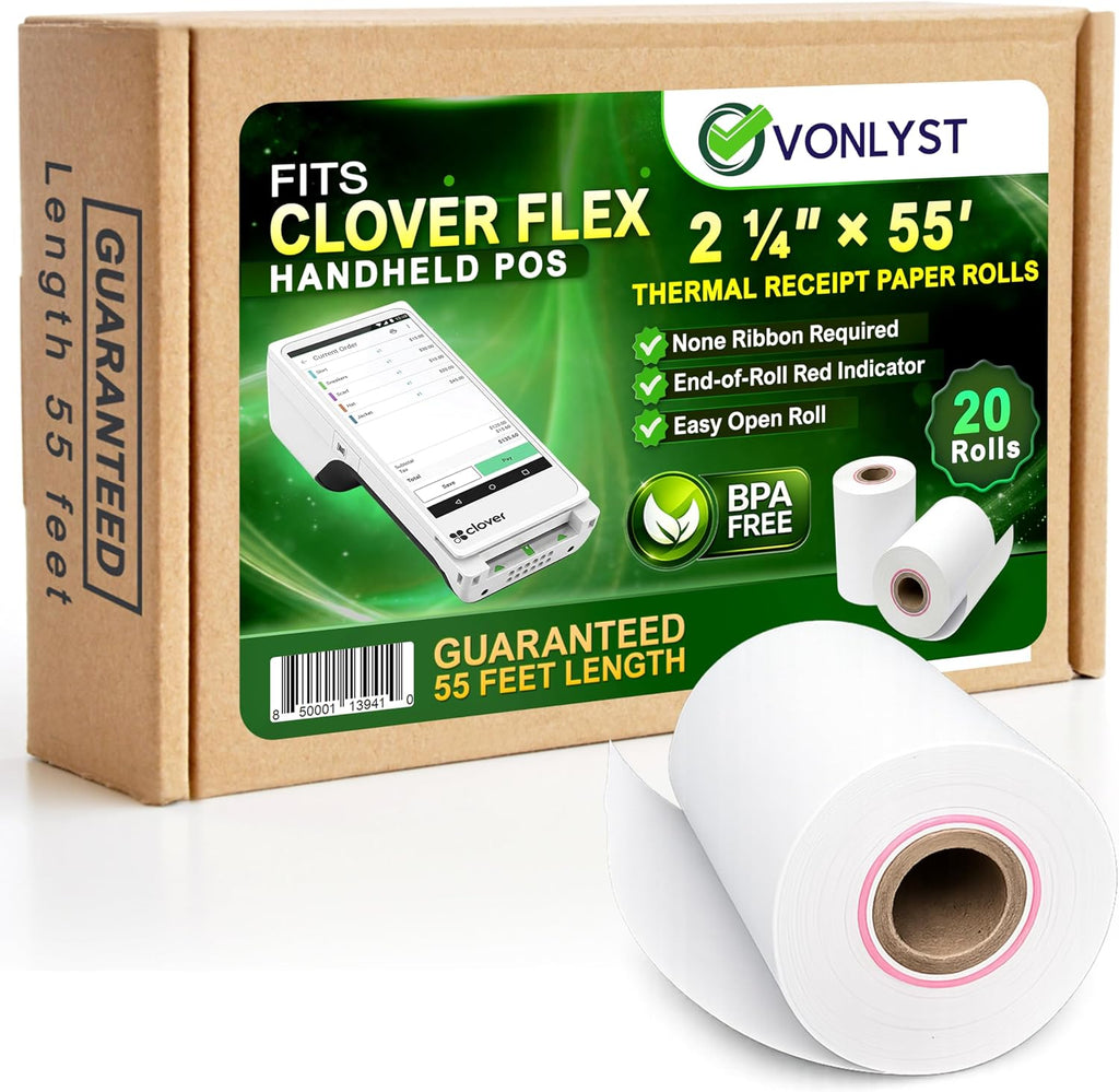Clover Flex Paper Rolls 2 1/4" x 55’ Thermal Receipt Paper – 20 Rolls Pack - BPA Free POS Printer & Credit Card