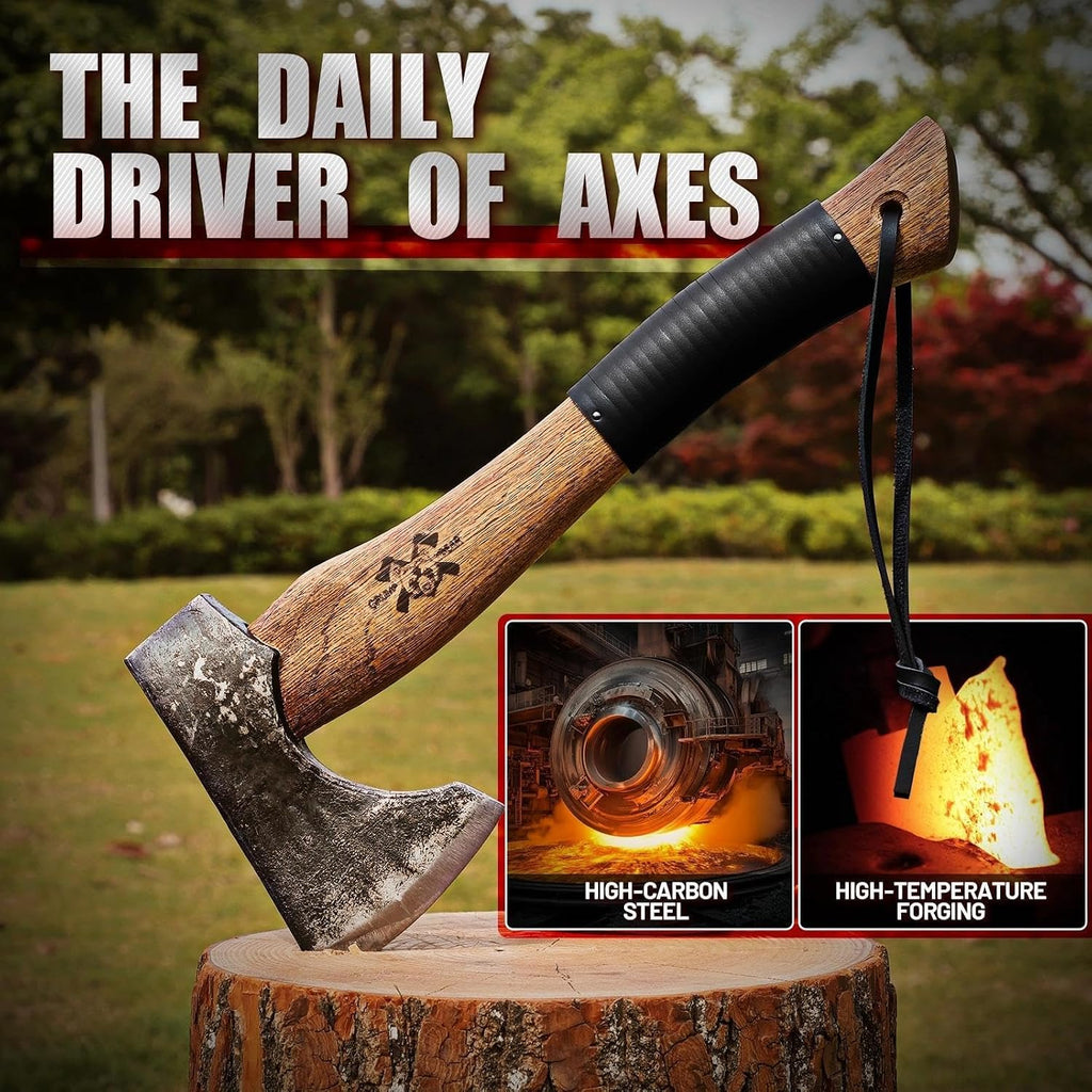 Camping Hatchet, Survival Axe with Sheath, High Carbon Steel and Wood Handle, Anti-Slip Grip – Ideal for Bushcraft