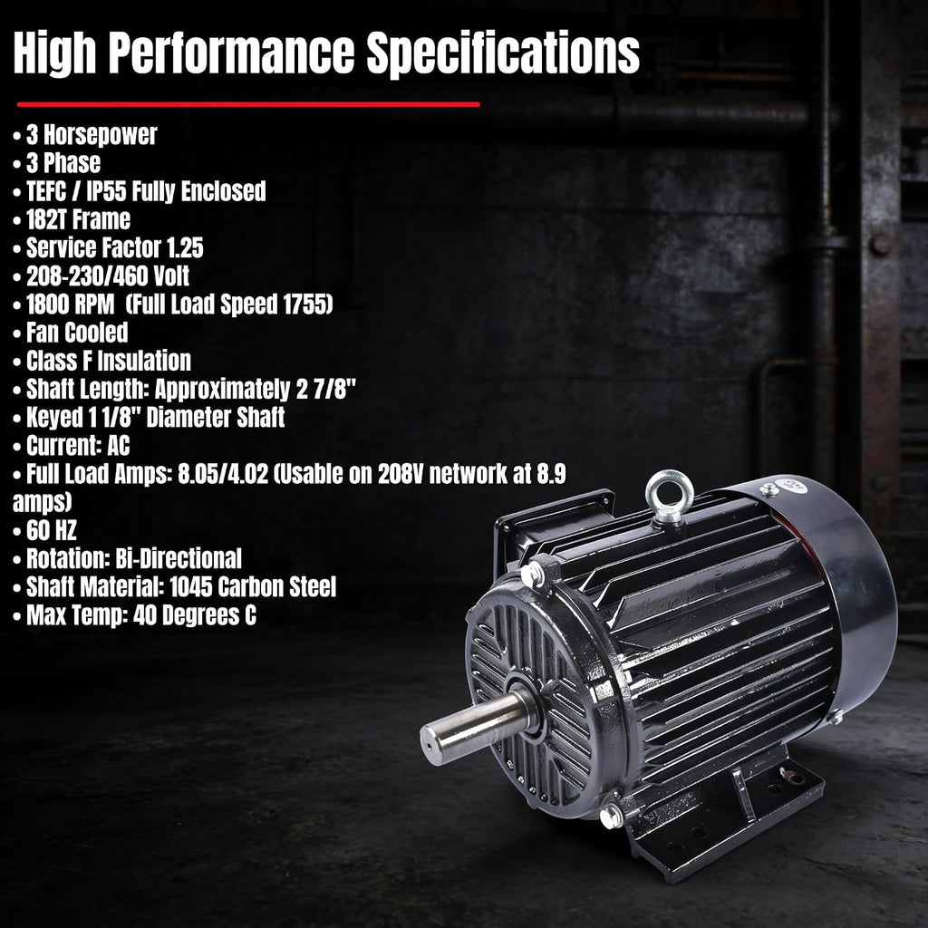 3 HP 3 Phase Electric Motor, 1800 RPM, 182T Frame, 230/460V
