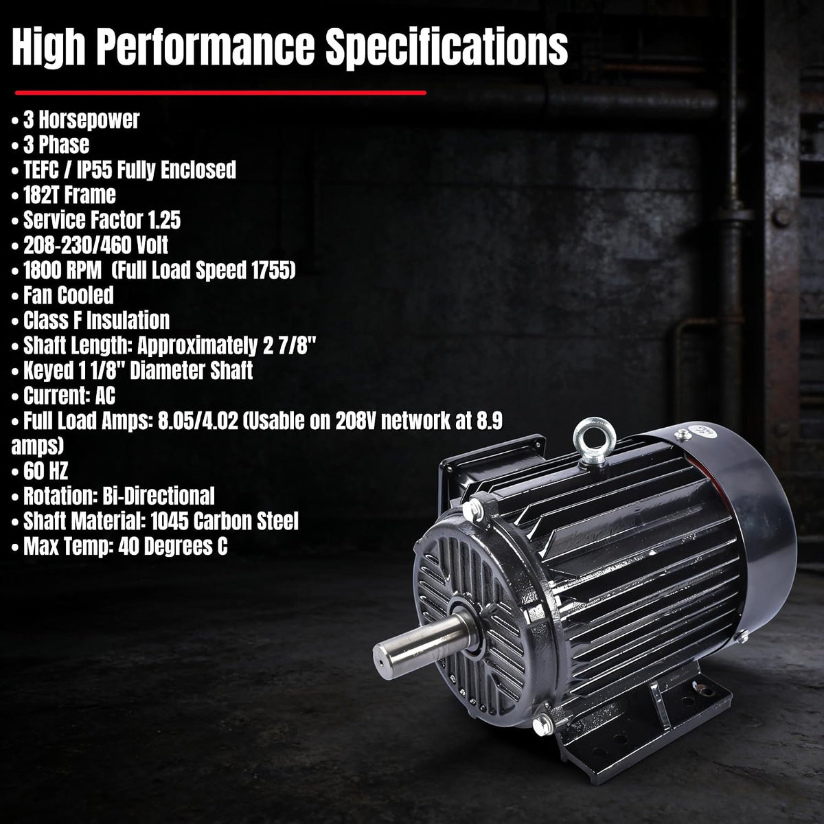 3 HP 3 Phase Electric Motor, 1800 RPM, 182T Frame, 230/460V