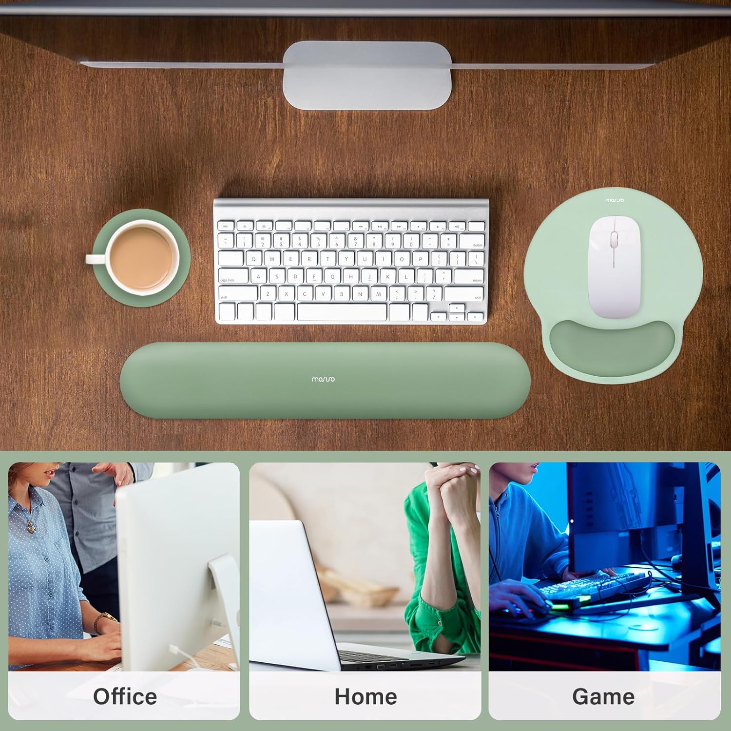 Wrist Rest Support for Mouse Pad&Keyboard Set, Antique Green | Circle Curved Ergonomic Mousepad Non-Slip Base