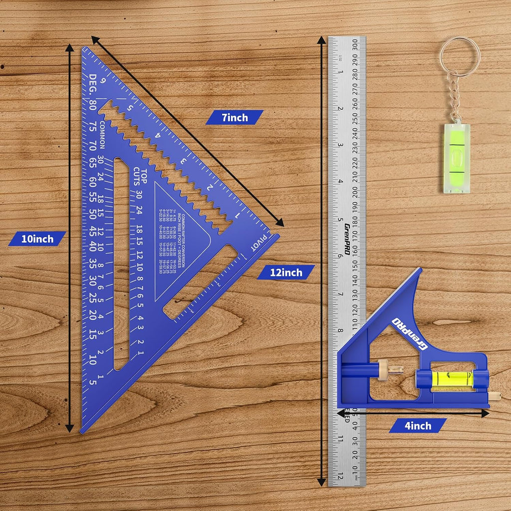 Combination Square Set, 7 & 12 Inch Aluminum Zinc Carpenter Tool | Stainless Ruler & Scriber Included, Bubble Level