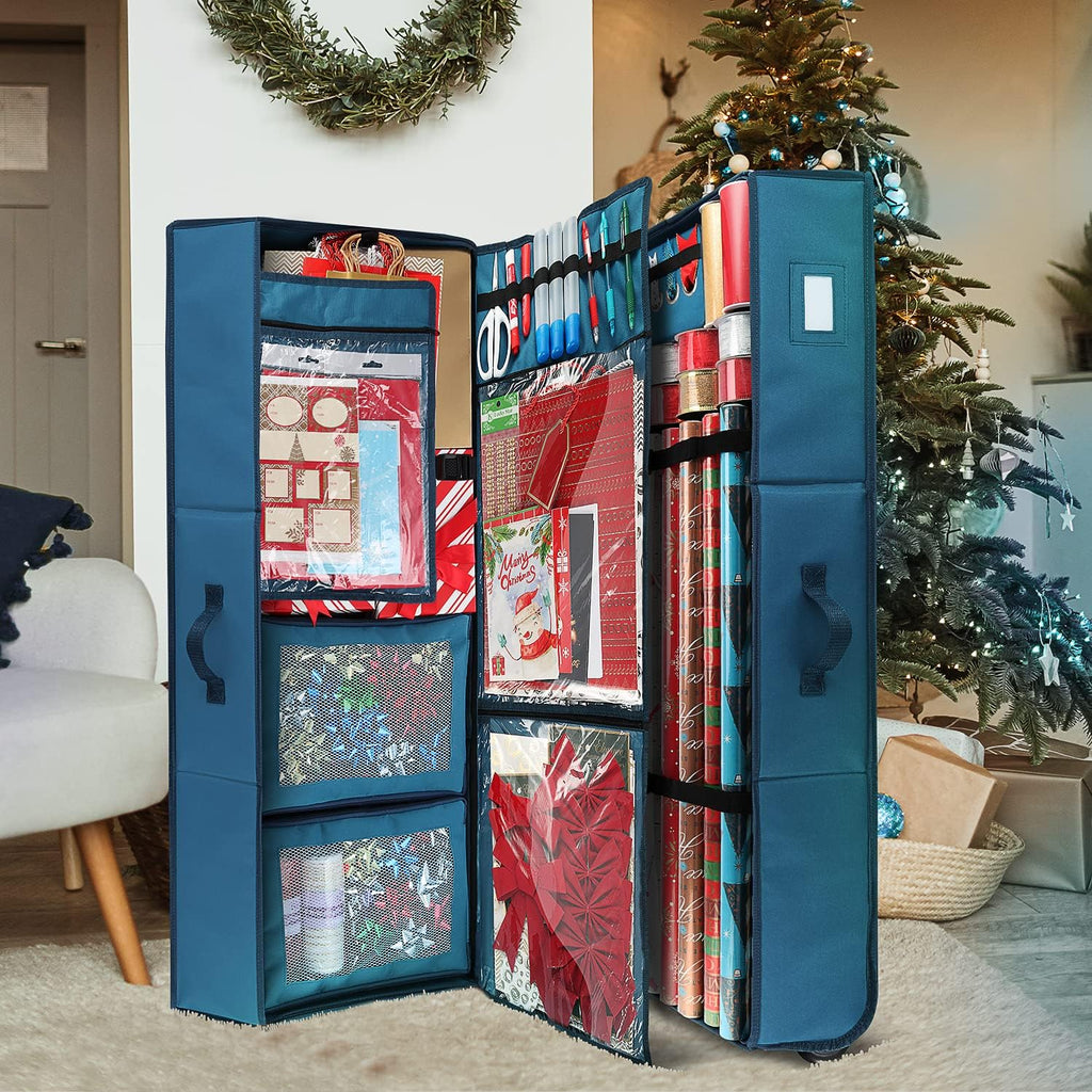 Wrapping Paper Storage Container with Ribbon Dispenser and Interior Pockets - Large Christmas Storage Containers with