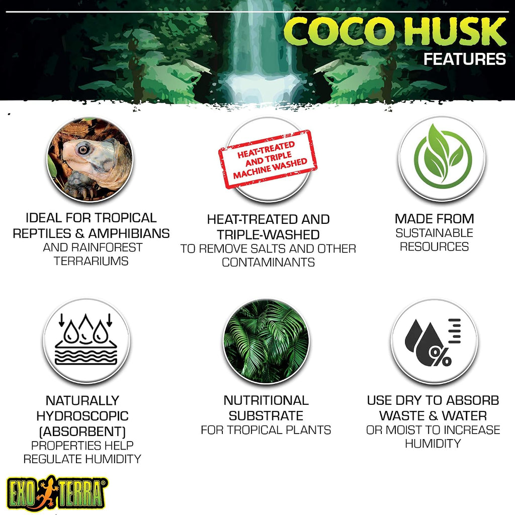 Coco Husk Coconut Fiber Reptile Bedding, 8 QT (8.8 L) | Bedding for Tropical Terrariums, Humidity-Holding Coco Fiber