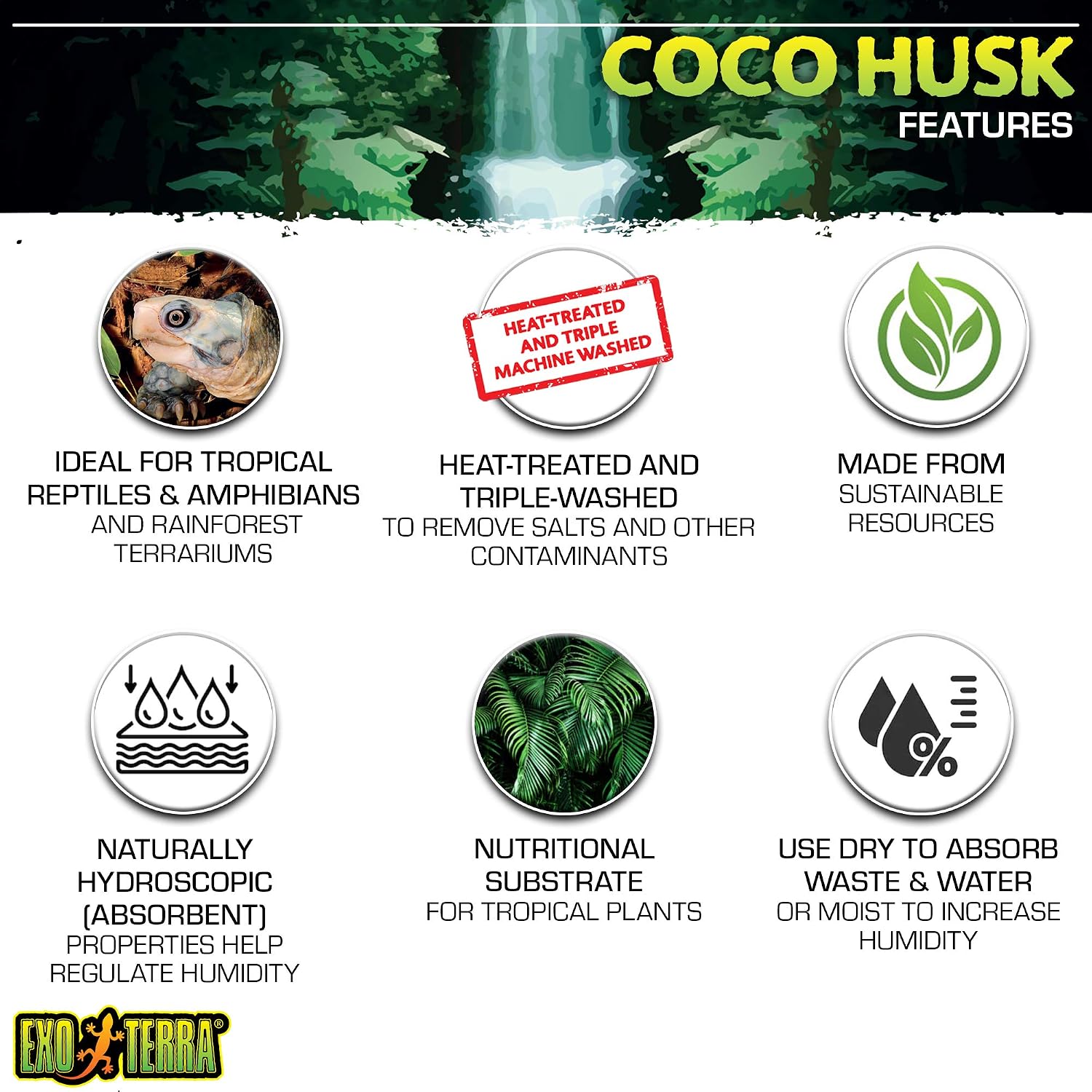 Coco Husk Coconut Fiber Reptile Bedding, 8 QT (8.8 L) | Bedding for Tropical Terrariums, Humidity-Holding Coco Fiber