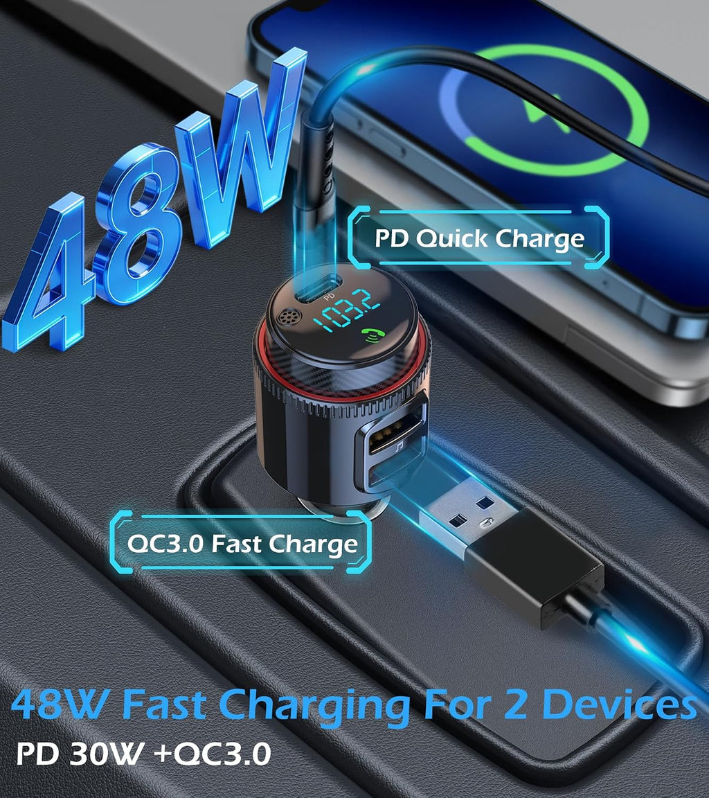 Bluetooth Car Adapter,HiFi FM Transmitter,48W Charger,Siri Assistant | Wireless 5.4 Radio Adapter with Fast