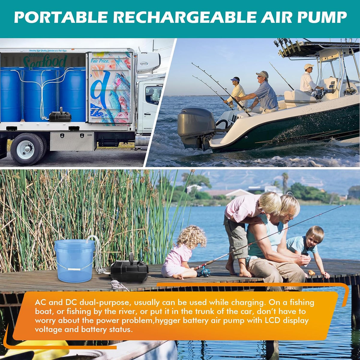 Rechargeable Aquarium Pond Air Pump, Powerful Quiet Commercial Tank Air Pump with Hose Air Stone Check Valve