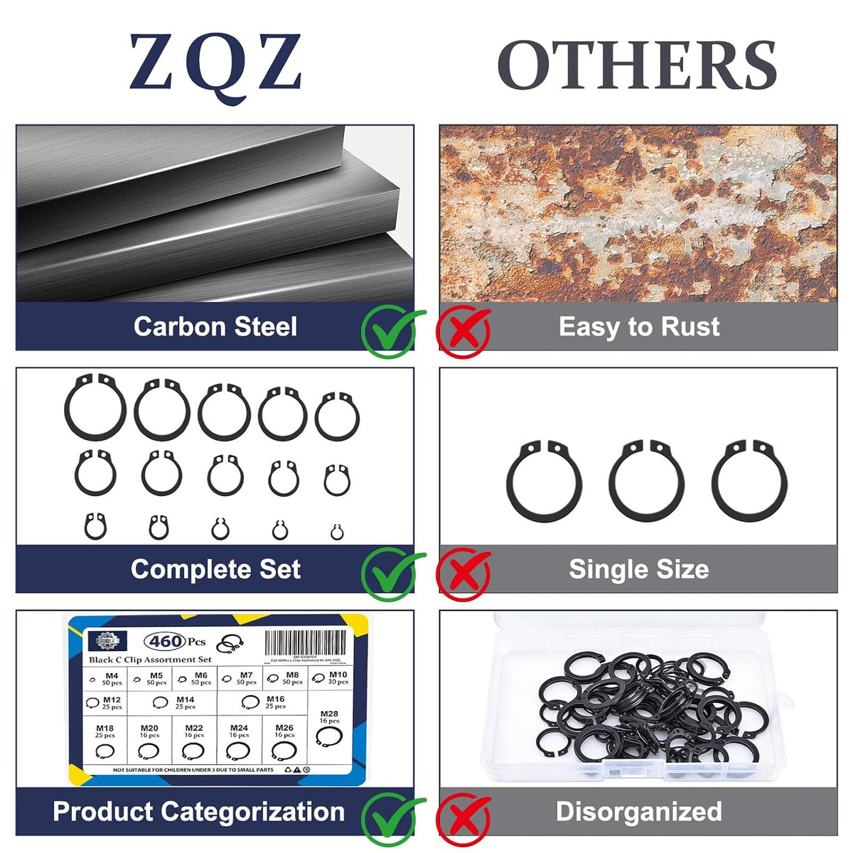 ZQZ C Clips Assortment Kit (M4-M28), 460 Pcs External Retaining Rings Set