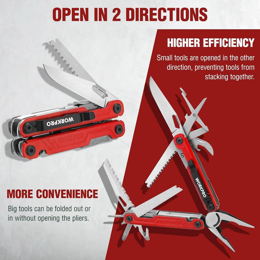 18-in-1 Multi Tool Pliers Pocket Knife, 2 Safety Locks, EDC, Red | Gifts for Men Dad Women Wife, Stainless Steel