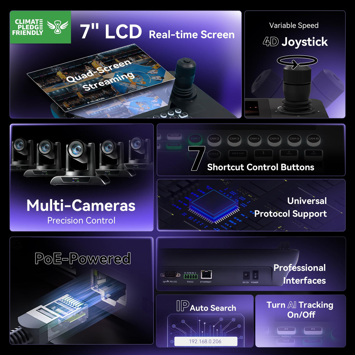 NDI PTZ Camera Joystick Controller, 7’’ LCD Quad-Screen Real-time Preview, 4D Joystick Controller, NDI License