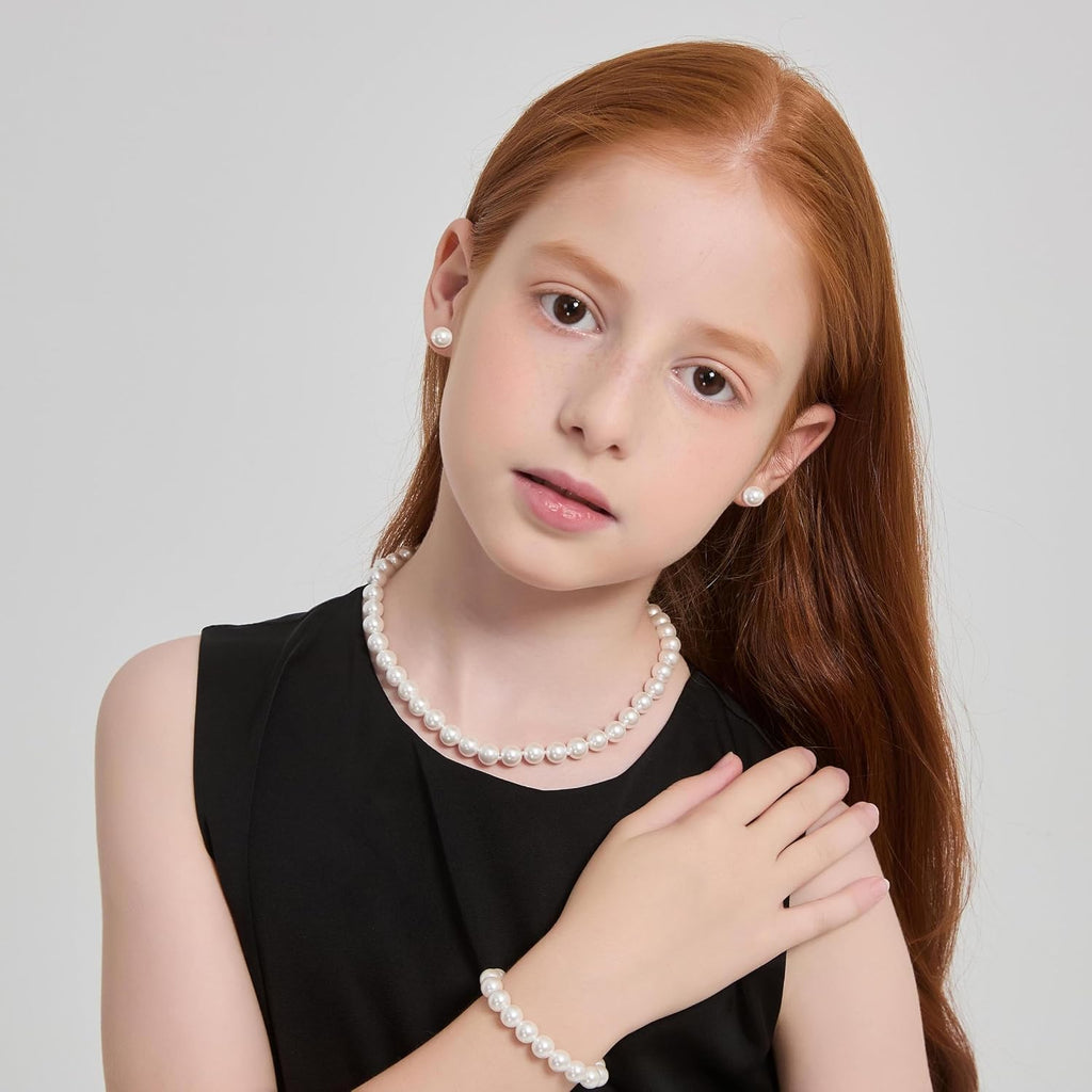 Pearl Necklace Set for Women and Girls, 8mm Glass Faux Pearl Includes Bracelet & Stud Earrings, 3-Piece Costume
