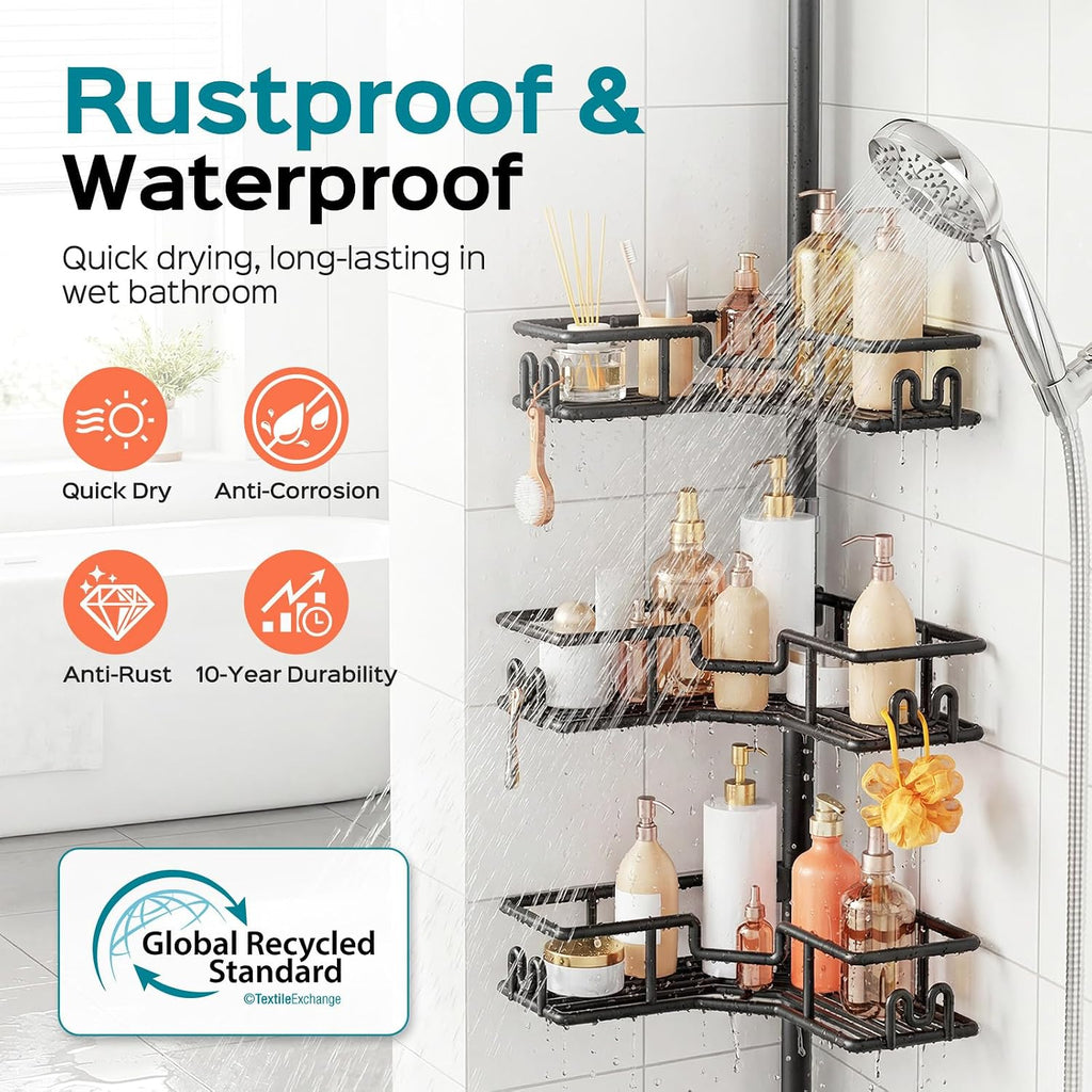Shower Caddy Tension Pole: 4-Tier Adjustable Corner Organizer Black | Heavy Duty Rustproof L-Shaped Shelves- No