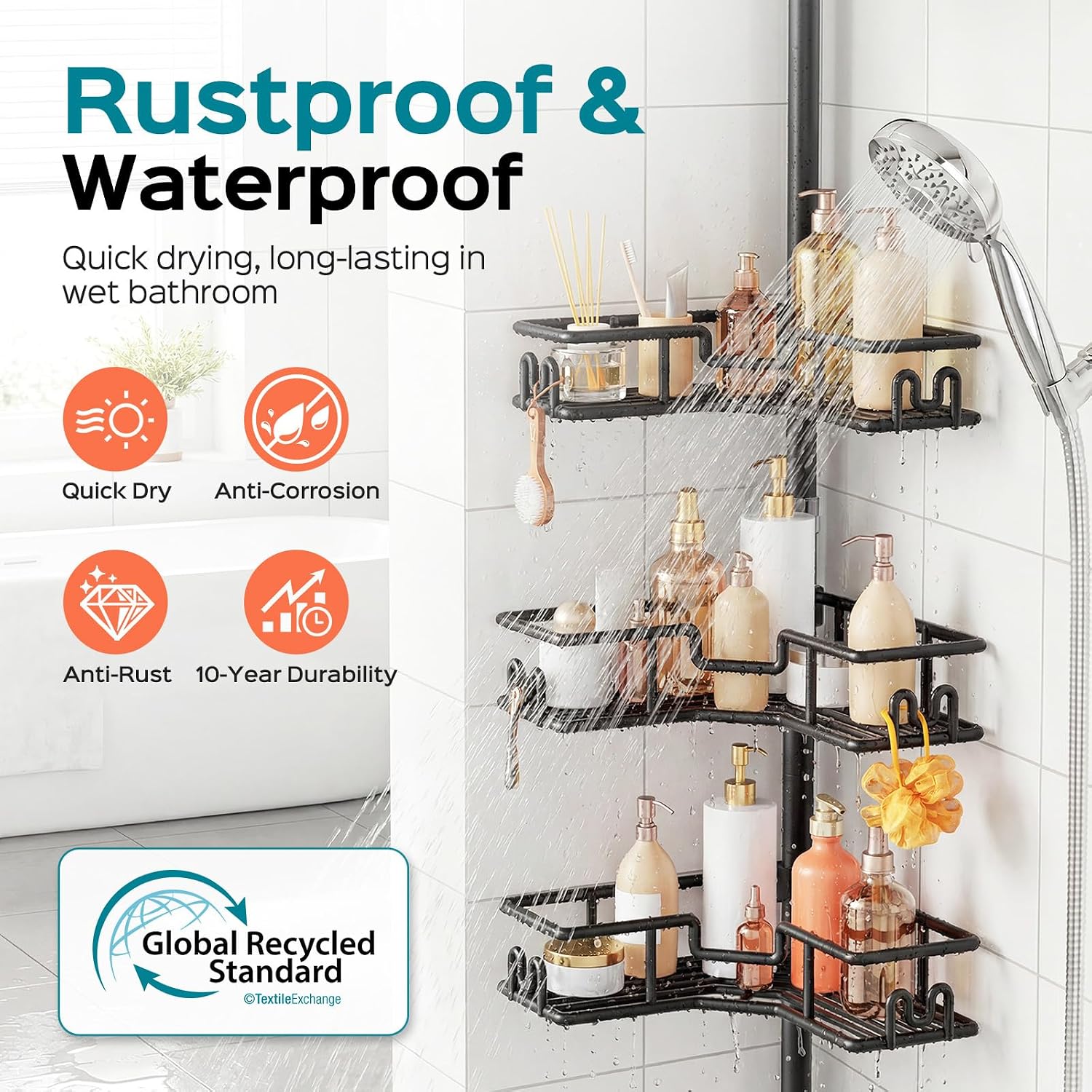 Shower Caddy Tension Pole: 4-Tier Adjustable Corner Organizer Black | Heavy Duty Rustproof L-Shaped Shelves- No