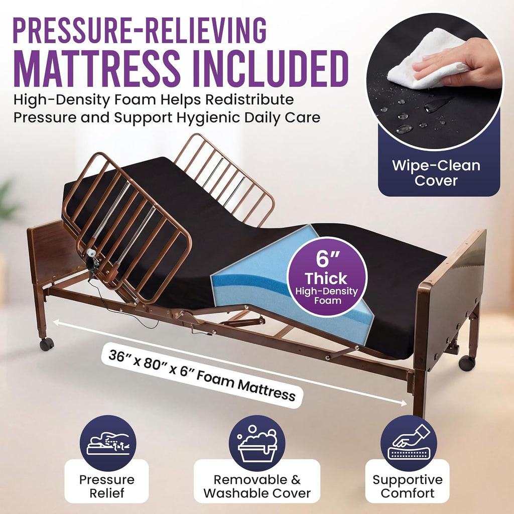 Electric Hospital Bed for Home Use - Includes Foam Mattress, Half Rails - Adjustabe Medical Bed Set
