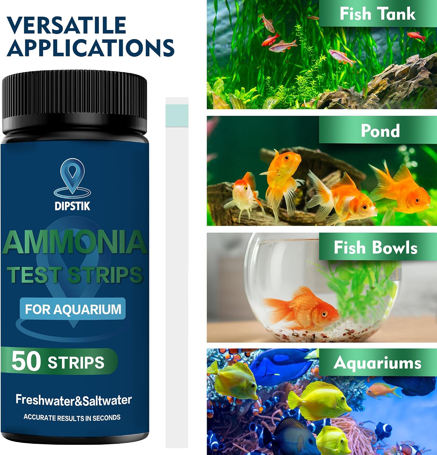 Ammonia Test Strips for Fish Tank,Feshwater & Saltwater (50ct) | Ammonia Aquarium Water Test Kit