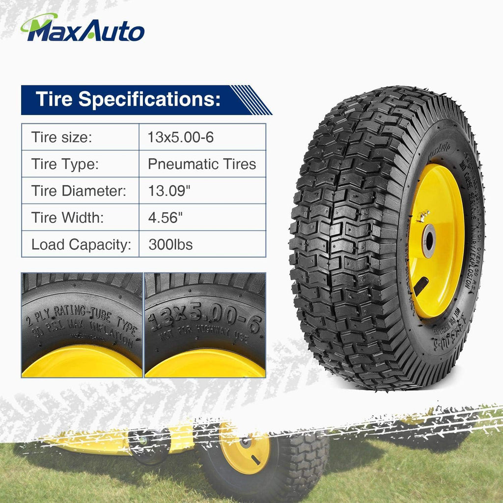 13x5.00-6 Lawn Mower Tires with Rim 13x5-6 NHS Pneumatic Tires with Tube, 3" Centered Hub, 3/4" Bushings