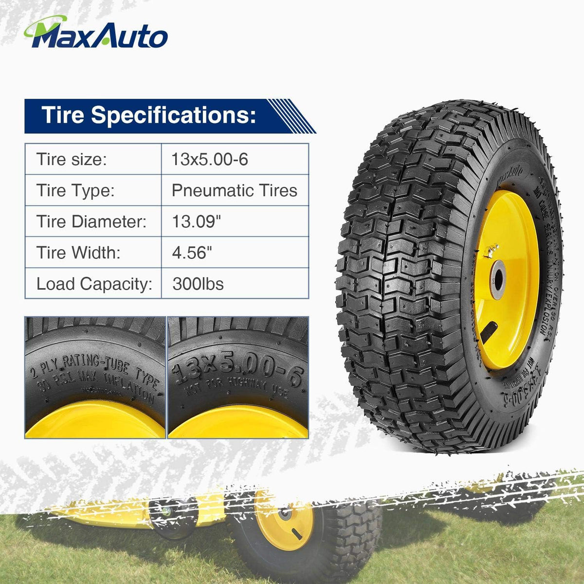 13x5.00-6 Lawn Mower Tires with Rim 13x5-6 NHS Pneumatic Tires with Tube, 3" Centered Hub, 3/4" Bushings