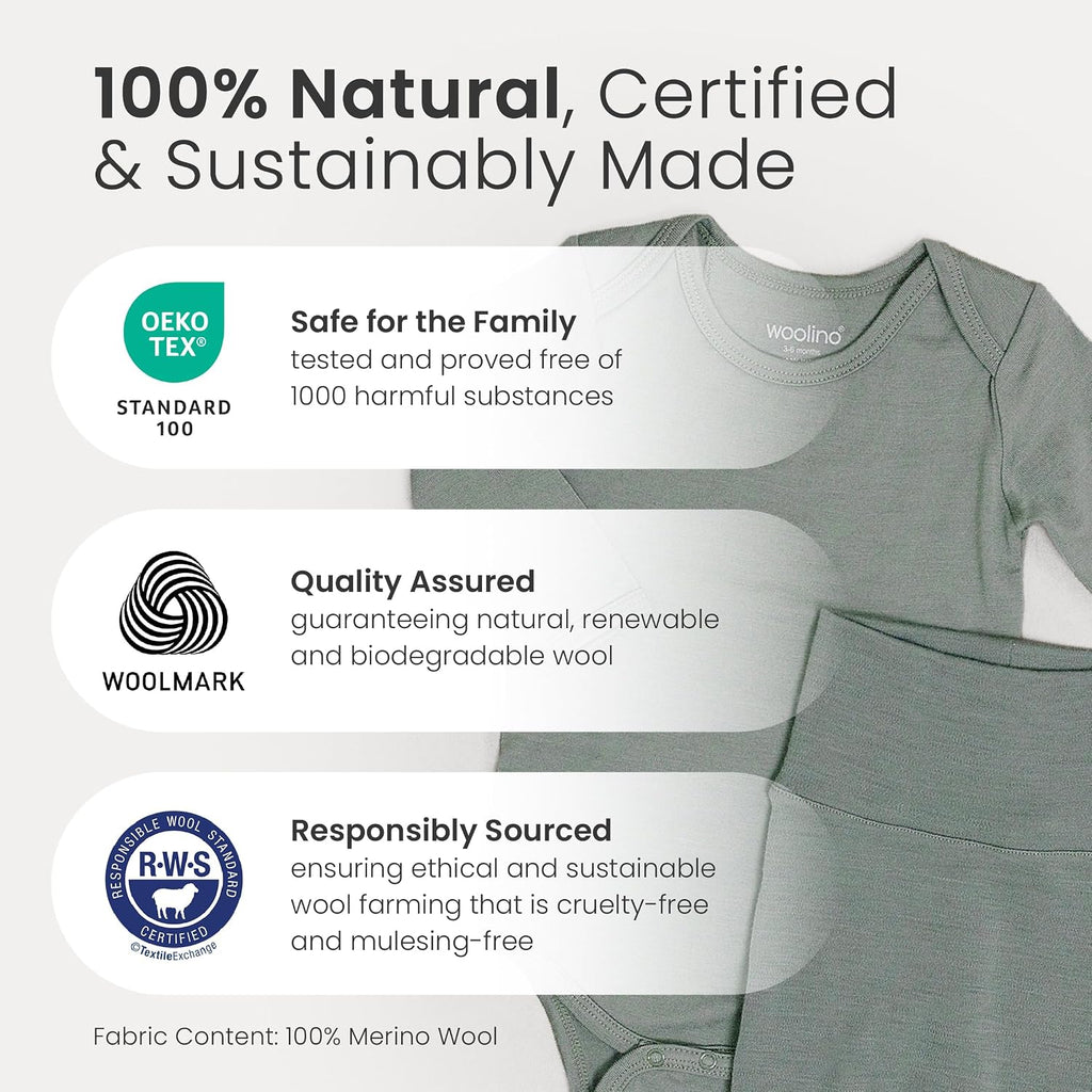 100% Superfine Merino Wool Baby Bodysuit - Long Sleeve Bodysuit for Boy and Girl - Tagless Neck Bodysuit for Unisex