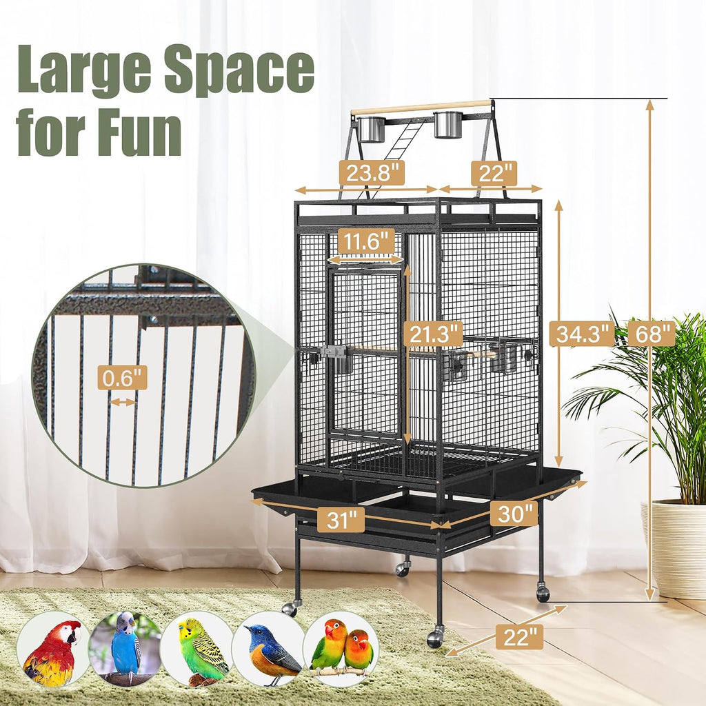 68-Inch Birdcage, Playtop Parrot Cage, Wrought Iron Bird Cage with Rolling Stand, Heavy-Duty Pet Bird House for