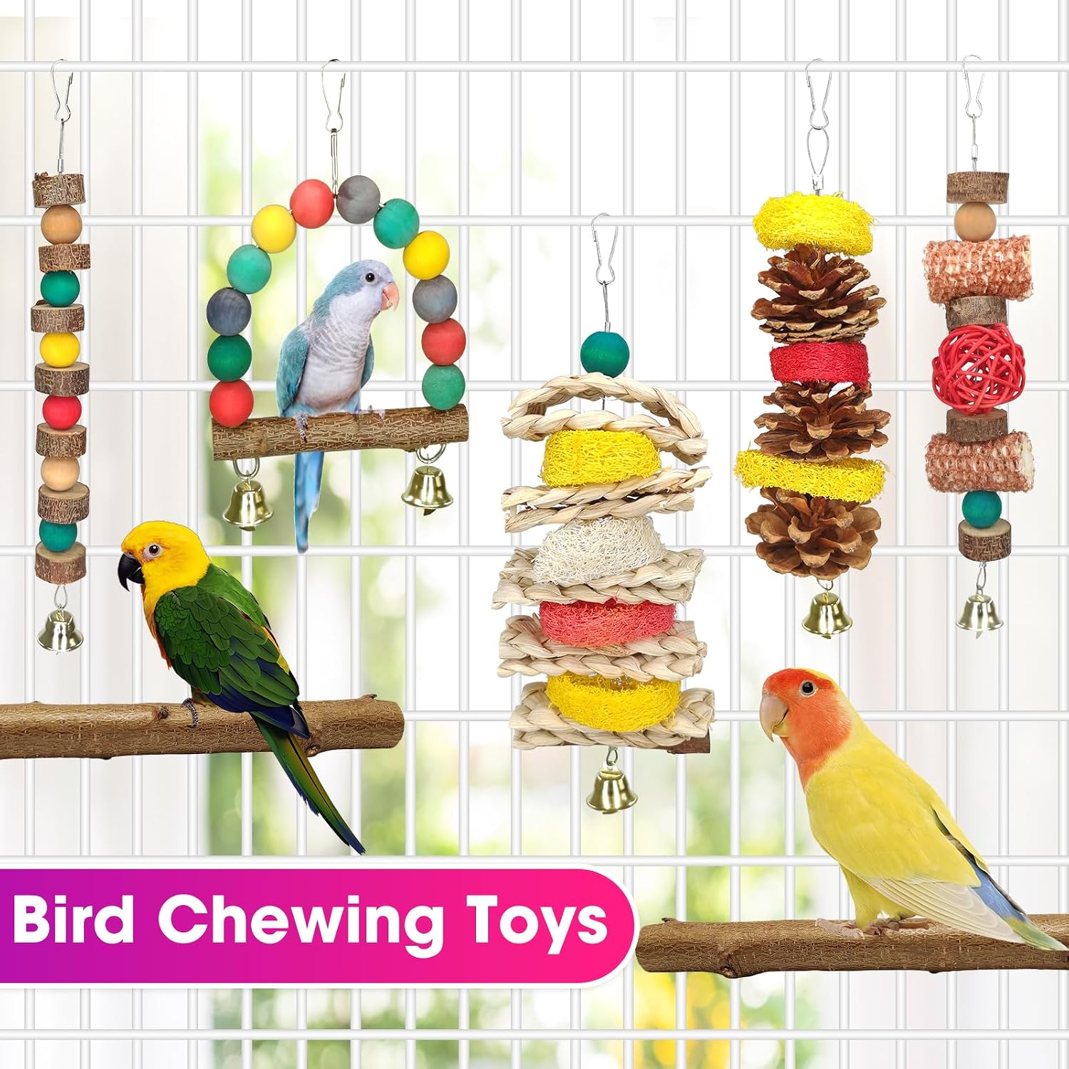 7 Pcs Natural Wood Bird Toy & Perch for Parakeets, Cockatiel & Lovebird, Budgie Play Accessory for Small Parrots