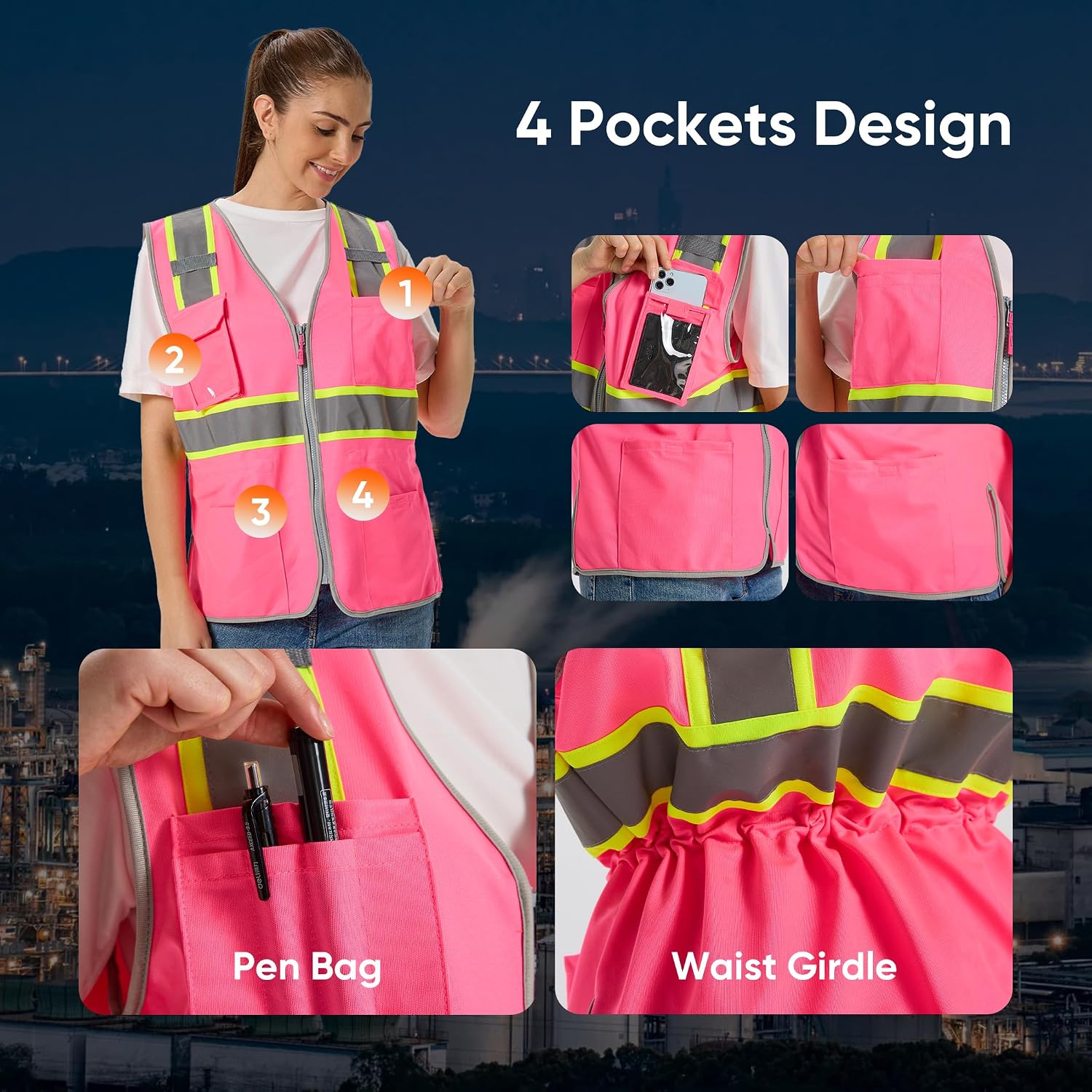 Hi Vis Safety Vest for Women, Working Drawstring waist Construction Vest with Pockets and Zipper, Womens Safety Vest