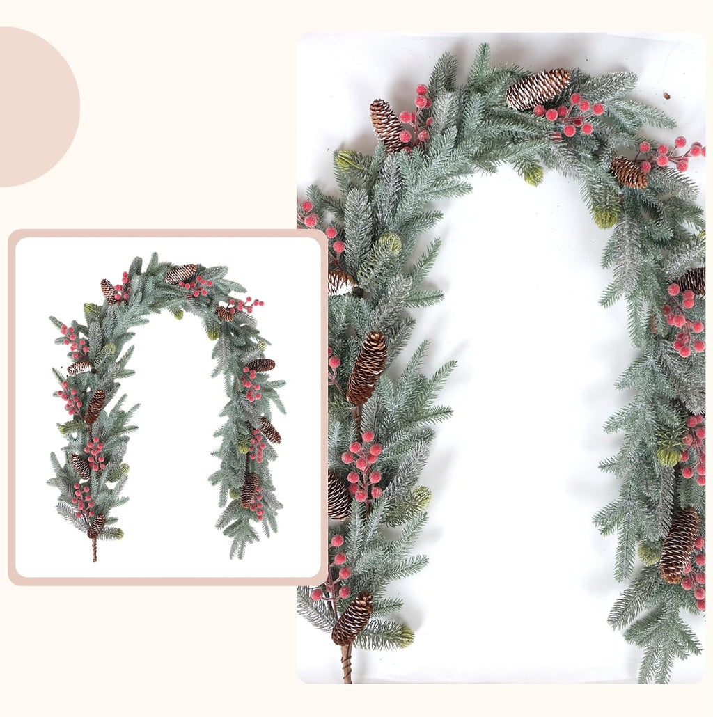 6FT Christmas Garland with Red Berries and Pinecones - Table Decor, Winter Greenery for Holiday Season Mantel