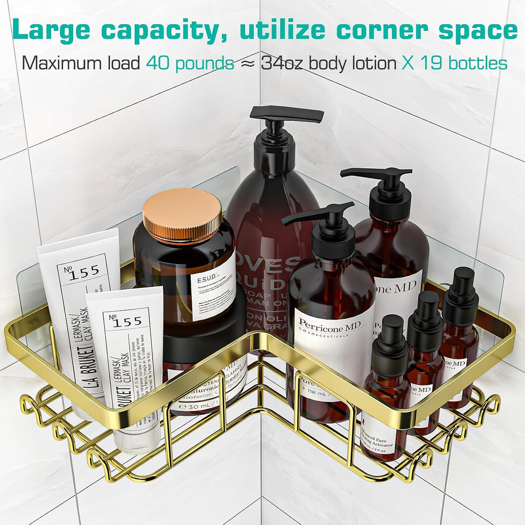 Corner Shower Caddy, 3-Pack Adhesive Bathroom Caddy with Soap Holder and 12 Hooks, Rustproof Stainless Steel Shower