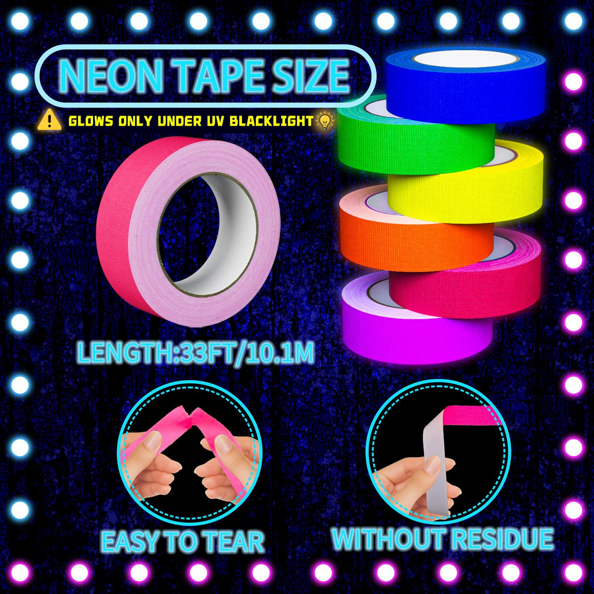 6 Rolls (0.6 in x 33 Ft) Neon Gaffer Cloth Tape for Halloween Decor