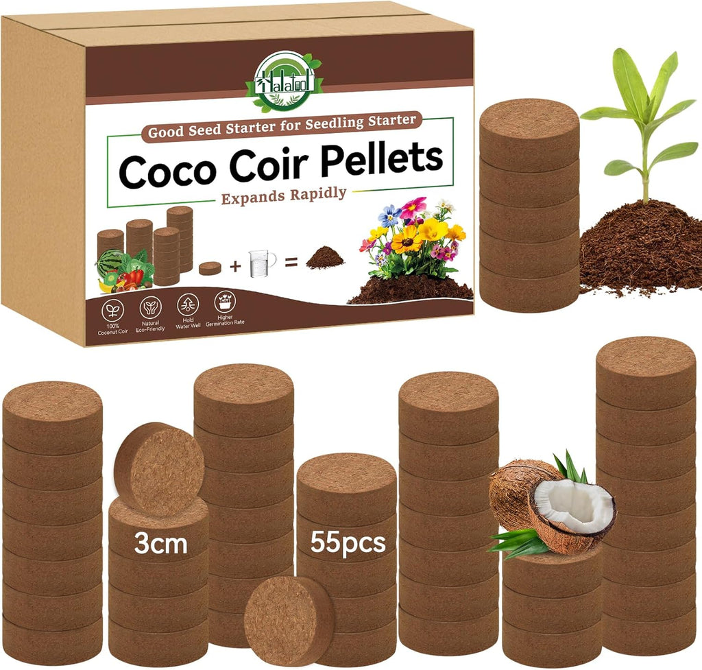 55 Pcs 30mm Compressed Coco Coir Pellets, Seed Starter Soil | 100% Organic, Quick Expanding, Enhanced Aeration
