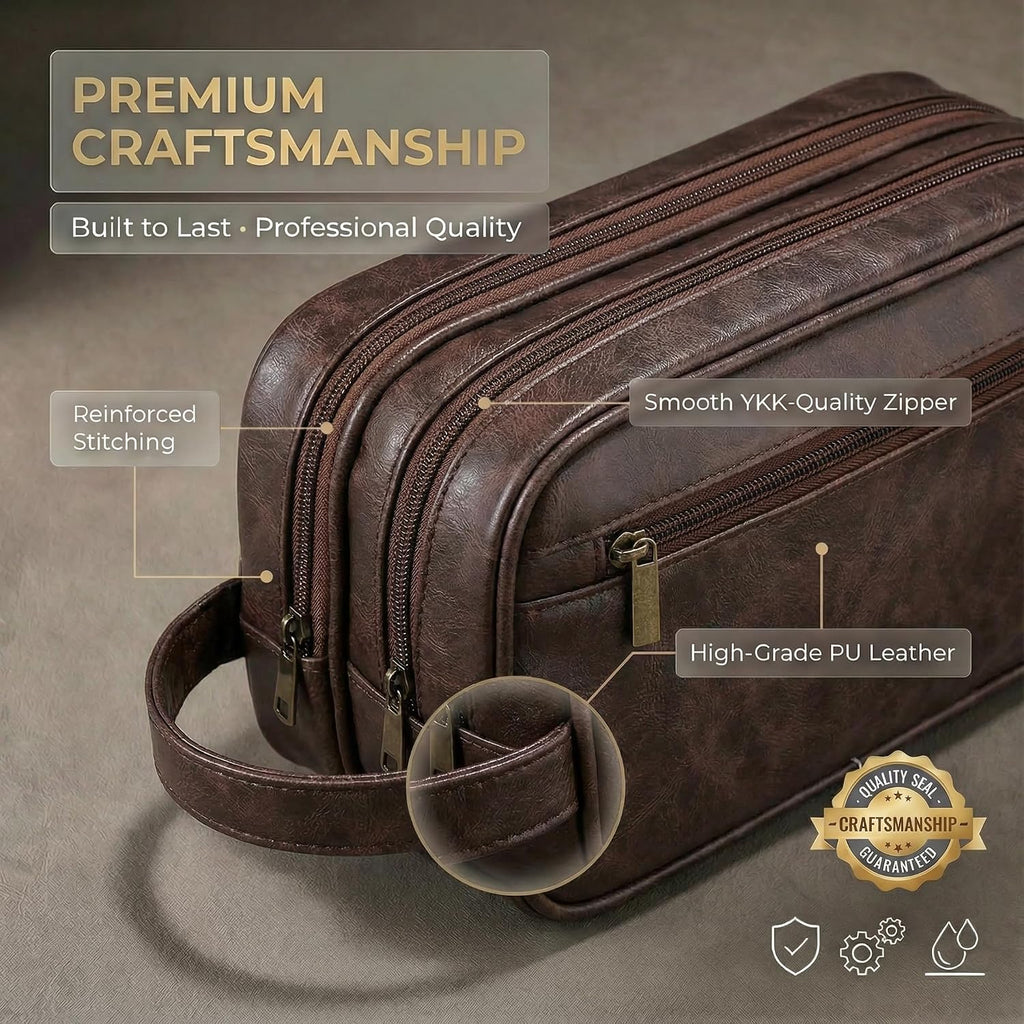 Men’s Toiletry Bag Travel Dopp Kit–double-deck PU Leather Water-Resistant Shaving Organizer Large Capacity, Double