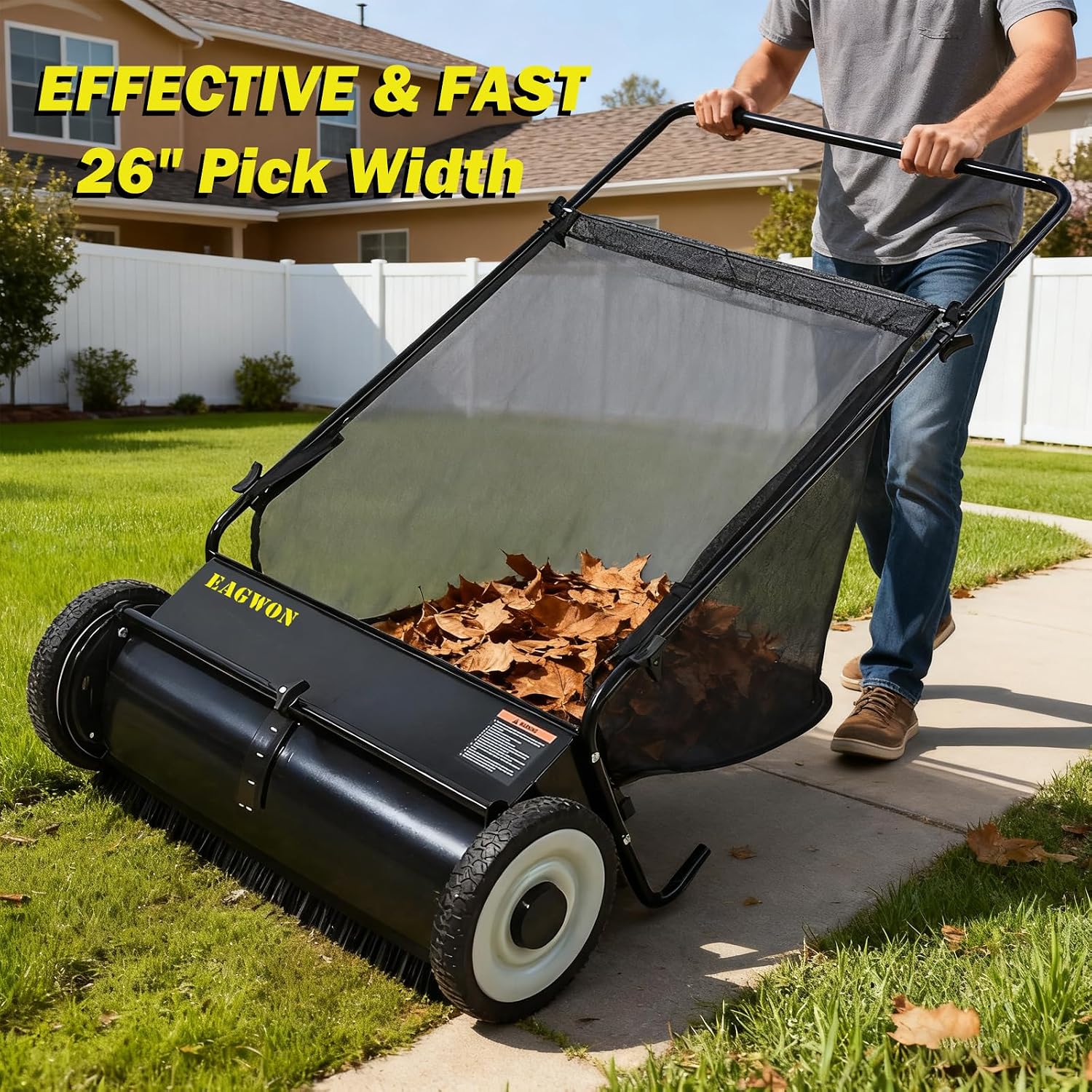 Push Lawn Sweeper, 26-Inch Width, 7 Cu. Ft. Hopper Capacity, 4 Spinning Brushes, Adjustable Height, Durable Steel