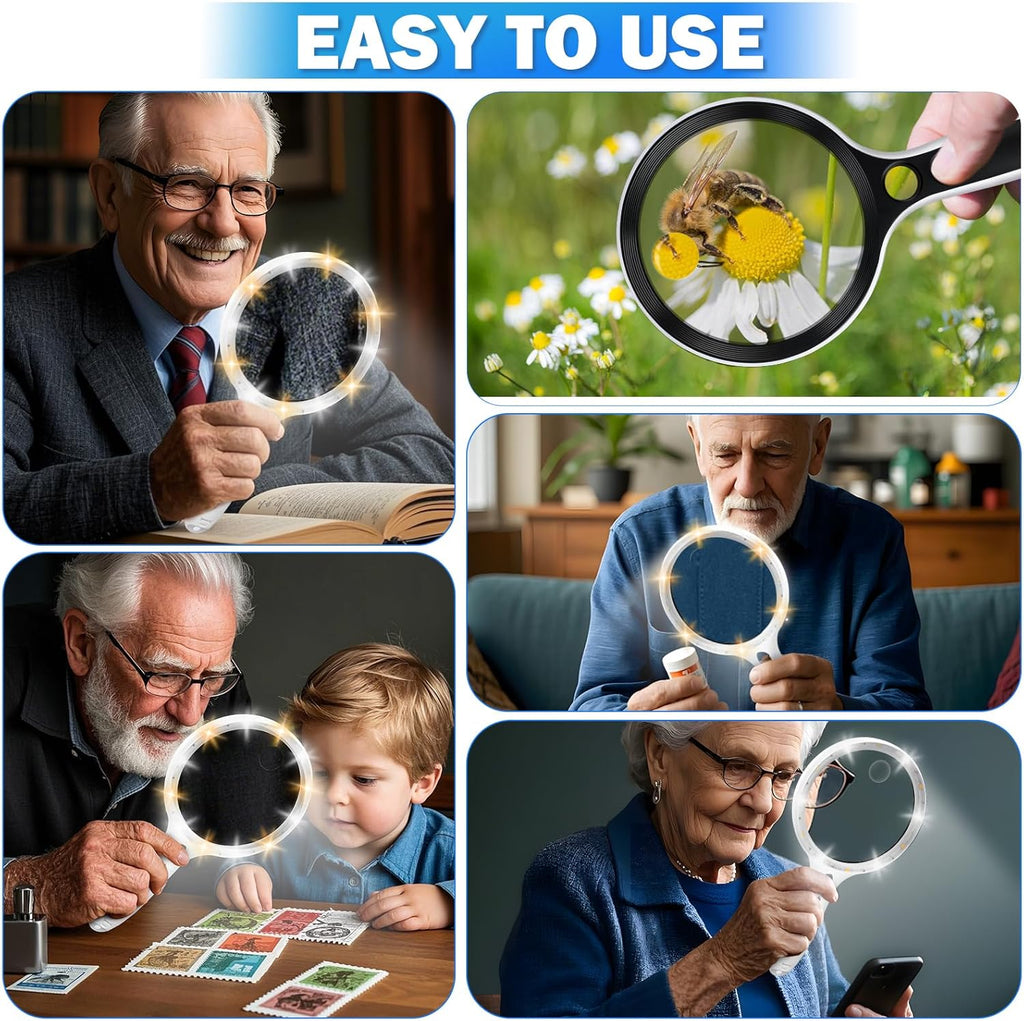 Large Magnifying Glass with Lights,10X 25X 45X 60X Lighted Magnifier | 5-inch Page Magnifier LED Lights,Handheld