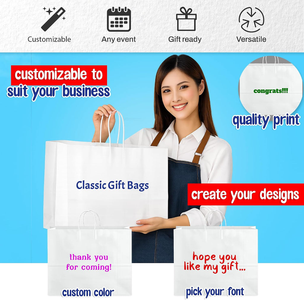 Custom Printed White Gift Bags 16" x 6" x 12" - Paper Bags with Handles - Made in USA