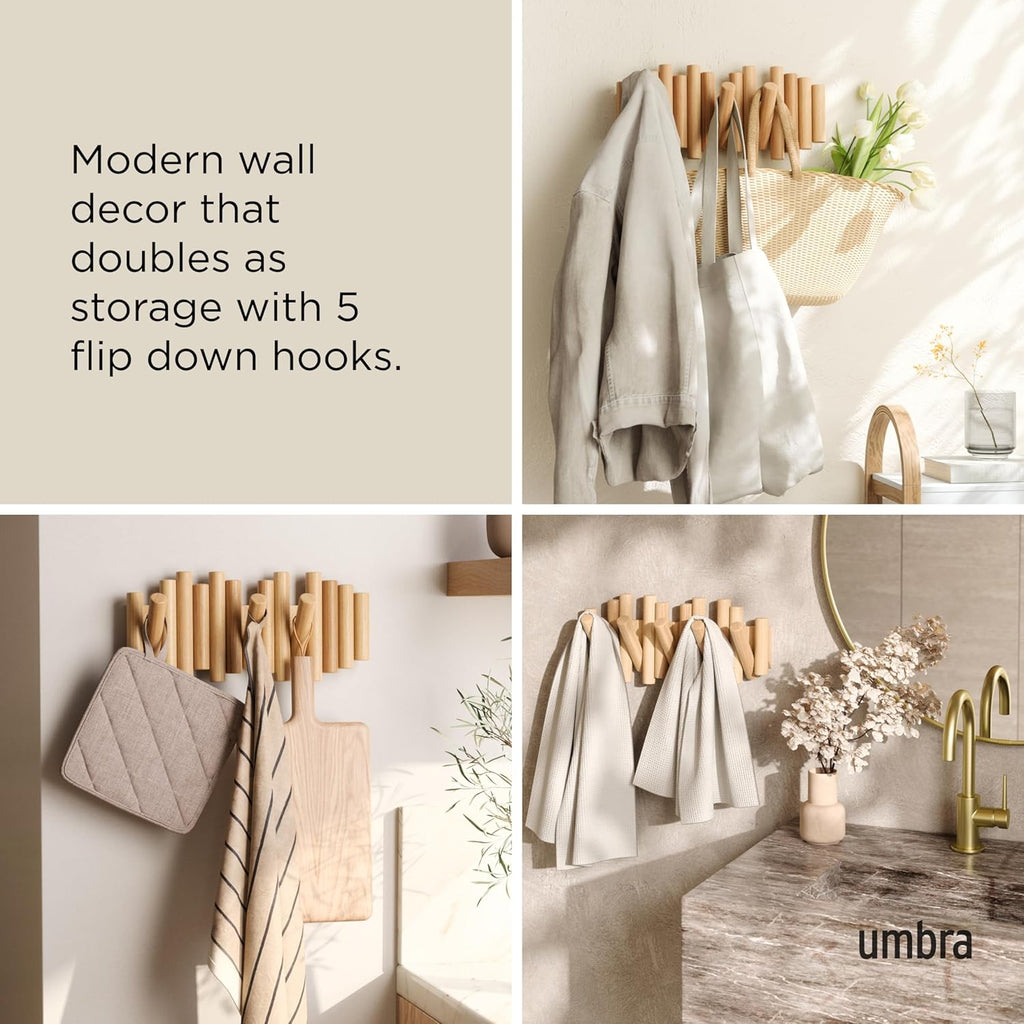 Picket Coat Rack Wall Mount – 5 Flip-Down Wood Coat Hooks, Modern & Functional Storage, Easy Install Wall Hooks, Natural