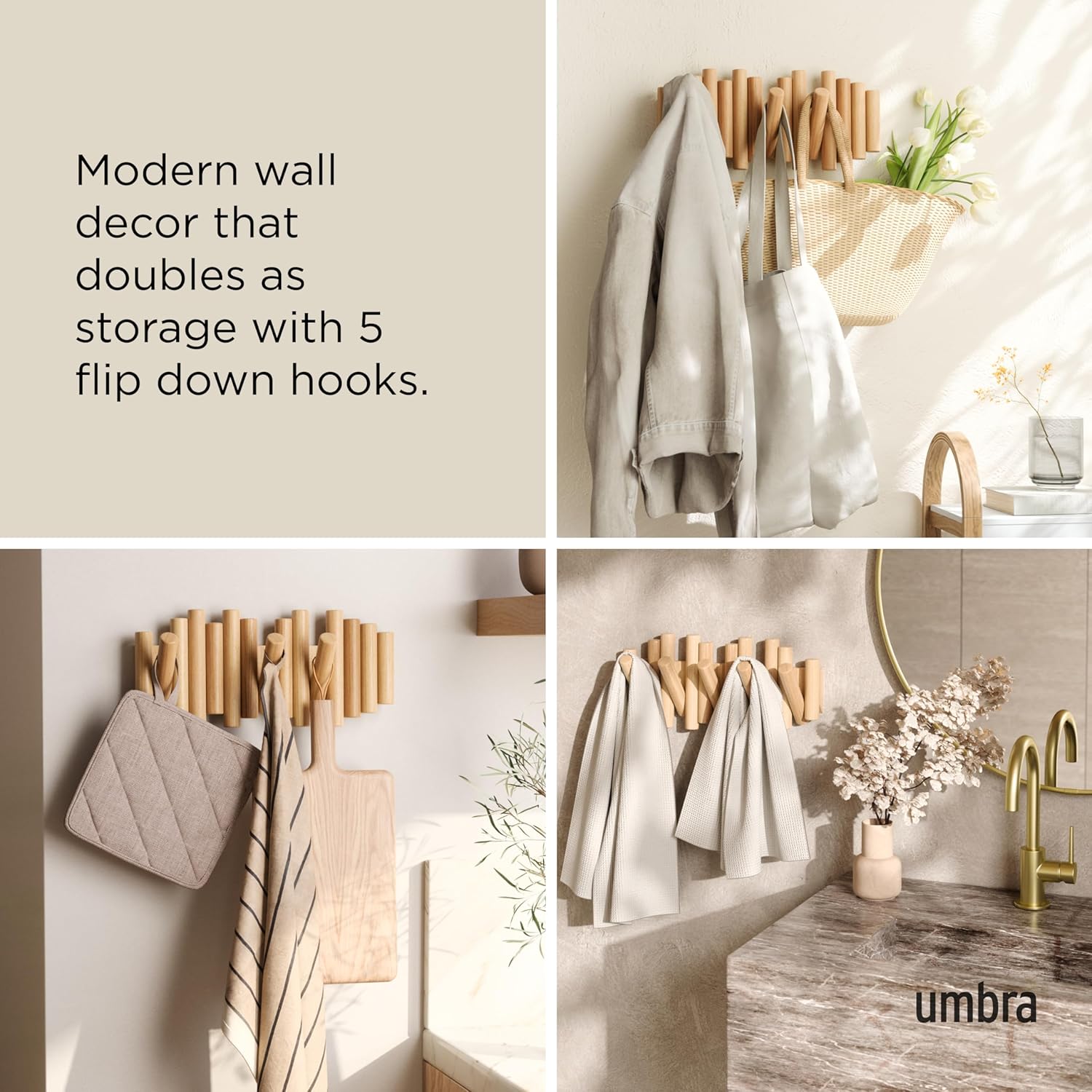 Picket Coat Rack Wall Mount – 5 Flip-Down Wood Coat Hooks, Modern & Functional Storage, Easy Install Wall Hooks, Natural