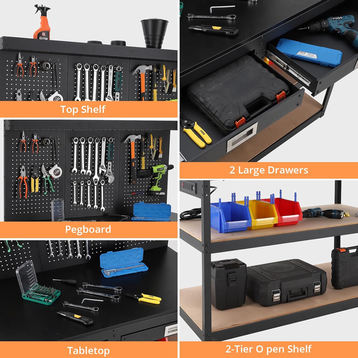 48" Heavy Duty Steel Garage Workbench with Pegboard & Storage, 2 Storage Shelves & 2 Drawers, 1000 LBS Load Capacity