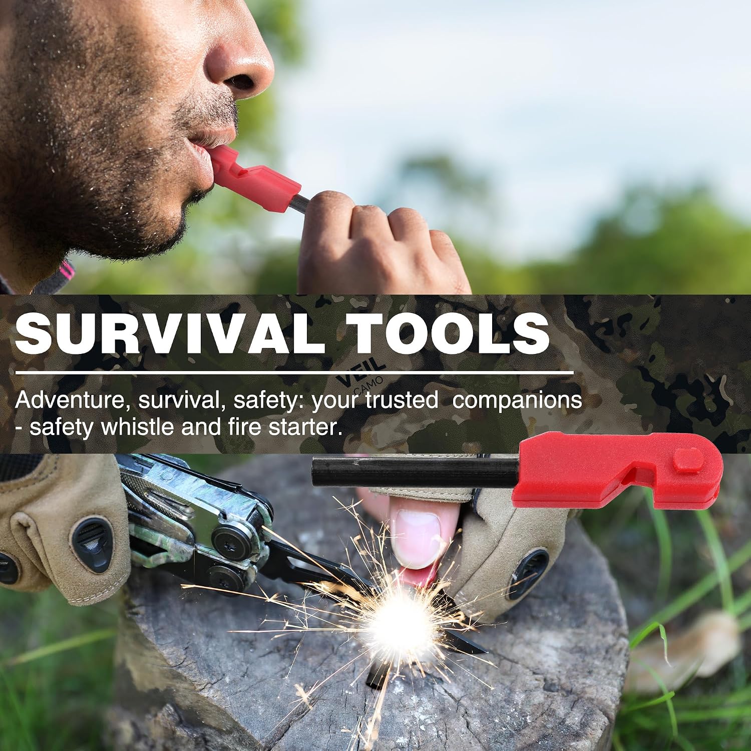 18-in-1 Camo EDC Multitool Pliers Fire Starter with Sheath | Equipped with Fire Starter, Window Breaker, Whistle