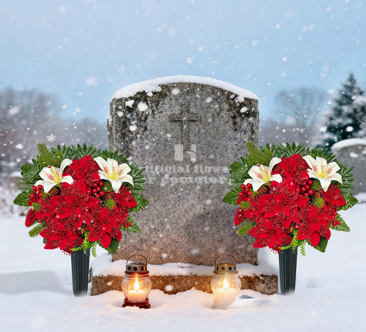 Artificial Cemetery Flowers, Red & White Poinsettia Christmas Bouquet